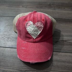 Quilted Red Heart Baseball Hat; Handmade Quilt Hat; Shabby Chic Hat